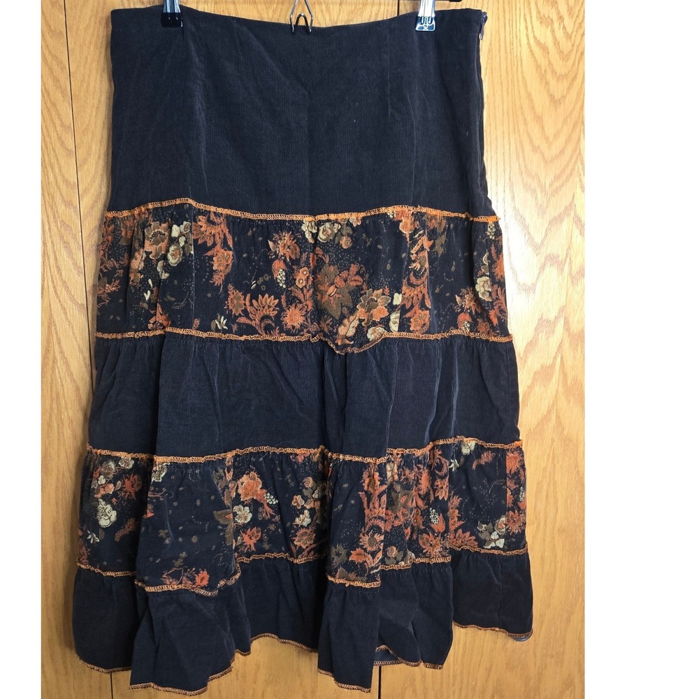 Affinities Armand Thiery Brown Corduroy Floral Tiered Midi Skirt Cottagecore 44